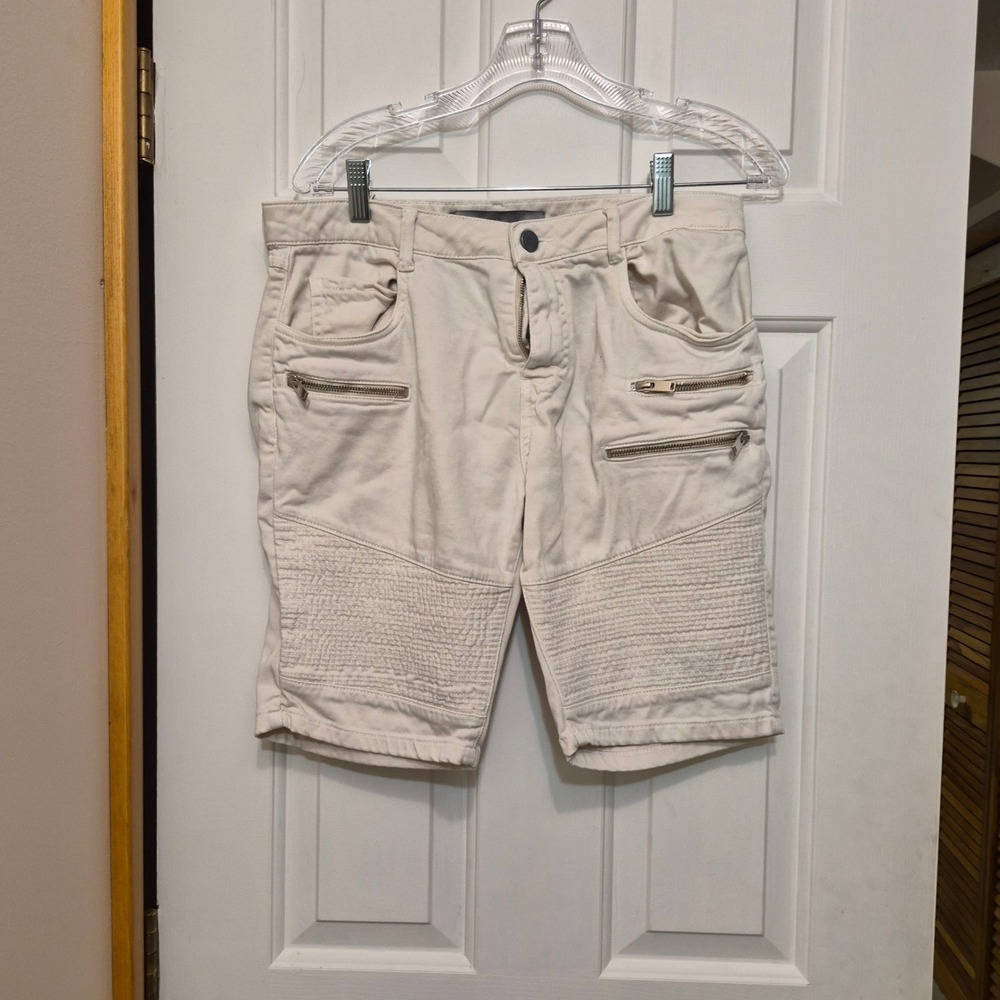 Zara Man Off White Biker Moto Shorts Mens Size 31 Ribbed Zip Pockets 6917/401